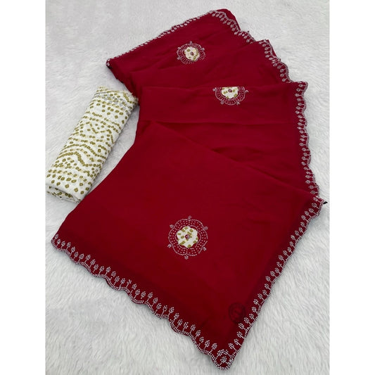 Women's Chiffon Butti Dotted Saree With Unstitched Blouse 5.5m (Red)