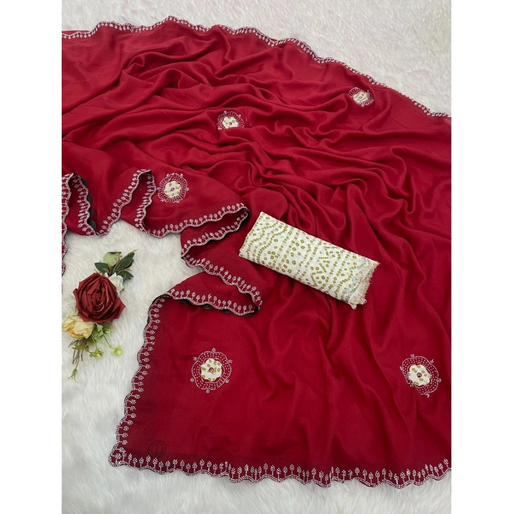 Women's Chiffon Butti Dotted Saree With Unstitched Blouse 5.5 Mtr (Red)