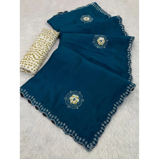 Women's Chiffon Butti Dotted Saree With Unstitched Blouse 5.5m (Blue)
