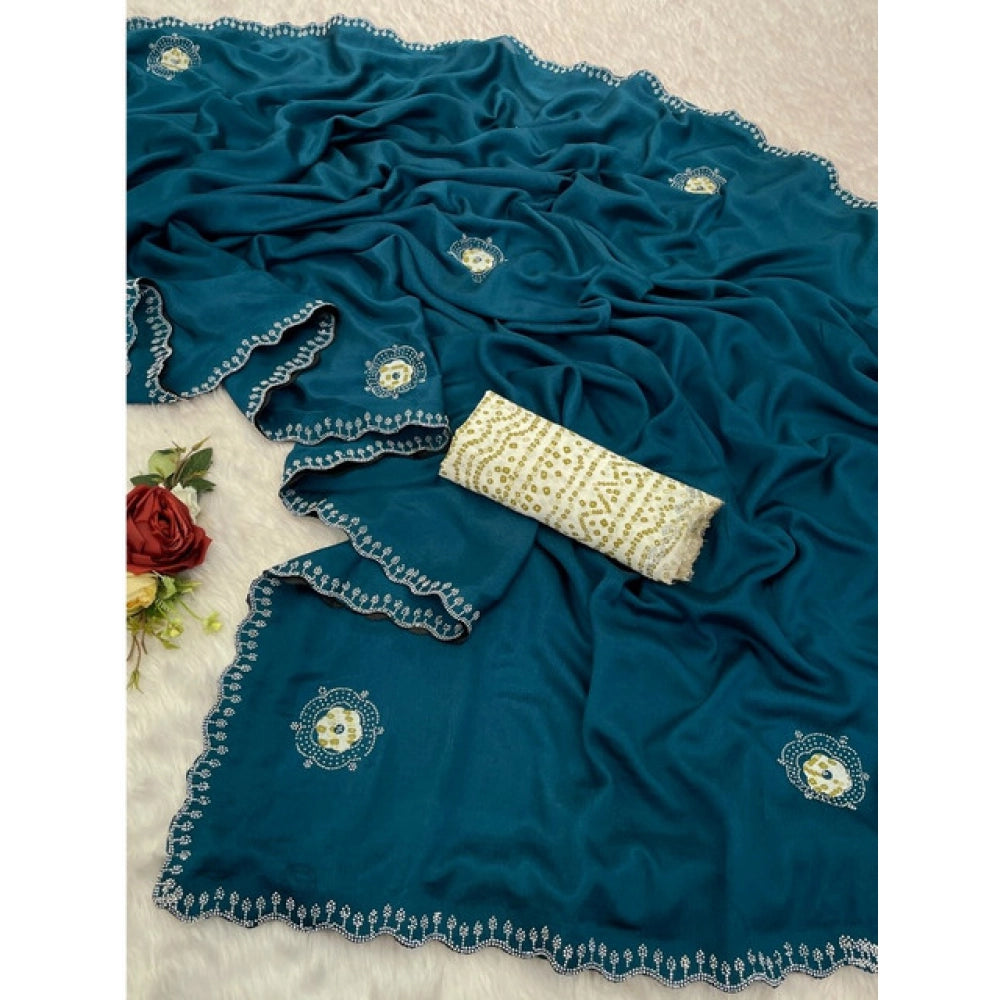 Women's Chiffon Butti Dotted Saree With Unstitched Blouse 5.5 Mtr (Blue)