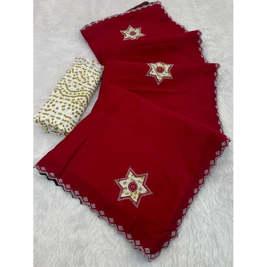 Women's Chiffon Butti Dotted Saree With Unstitched Blouse 5.5m (Red)