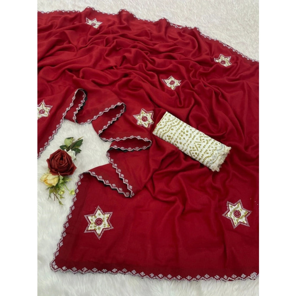 Women's Chiffon Butti Dotted Saree With Unstitched Blouse 5.5 Mtr (Red)