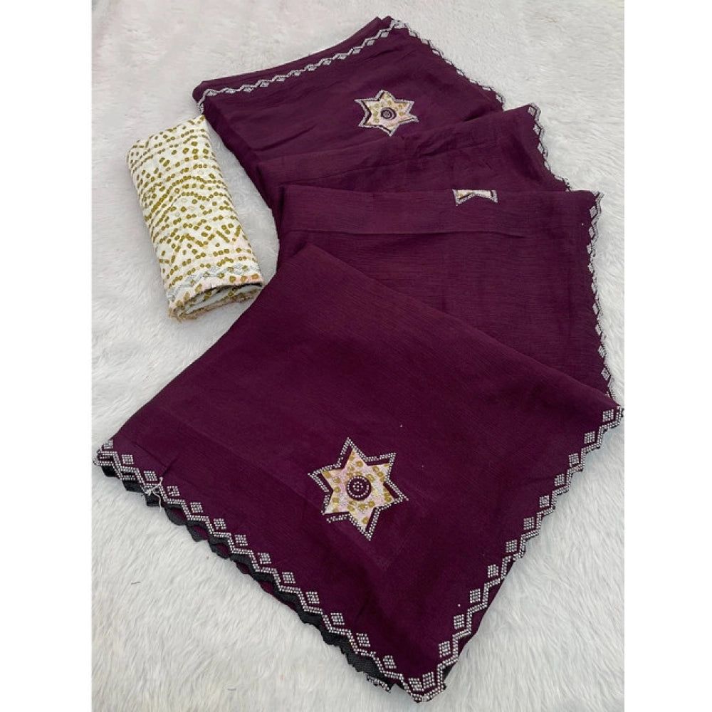 Women's Chiffon Butti Dotted Saree With Unstitched Blouse 5.5 Mtr (Wine)