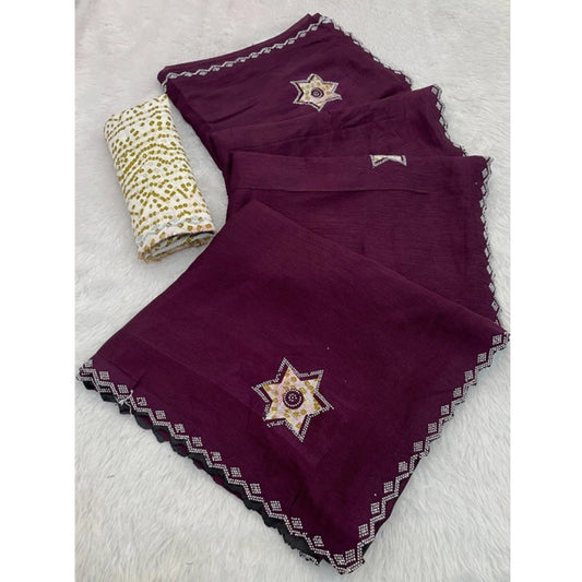 Women's Chiffon Butti Dotted Saree With Unstitched Blouse 5.5m (Wine)
