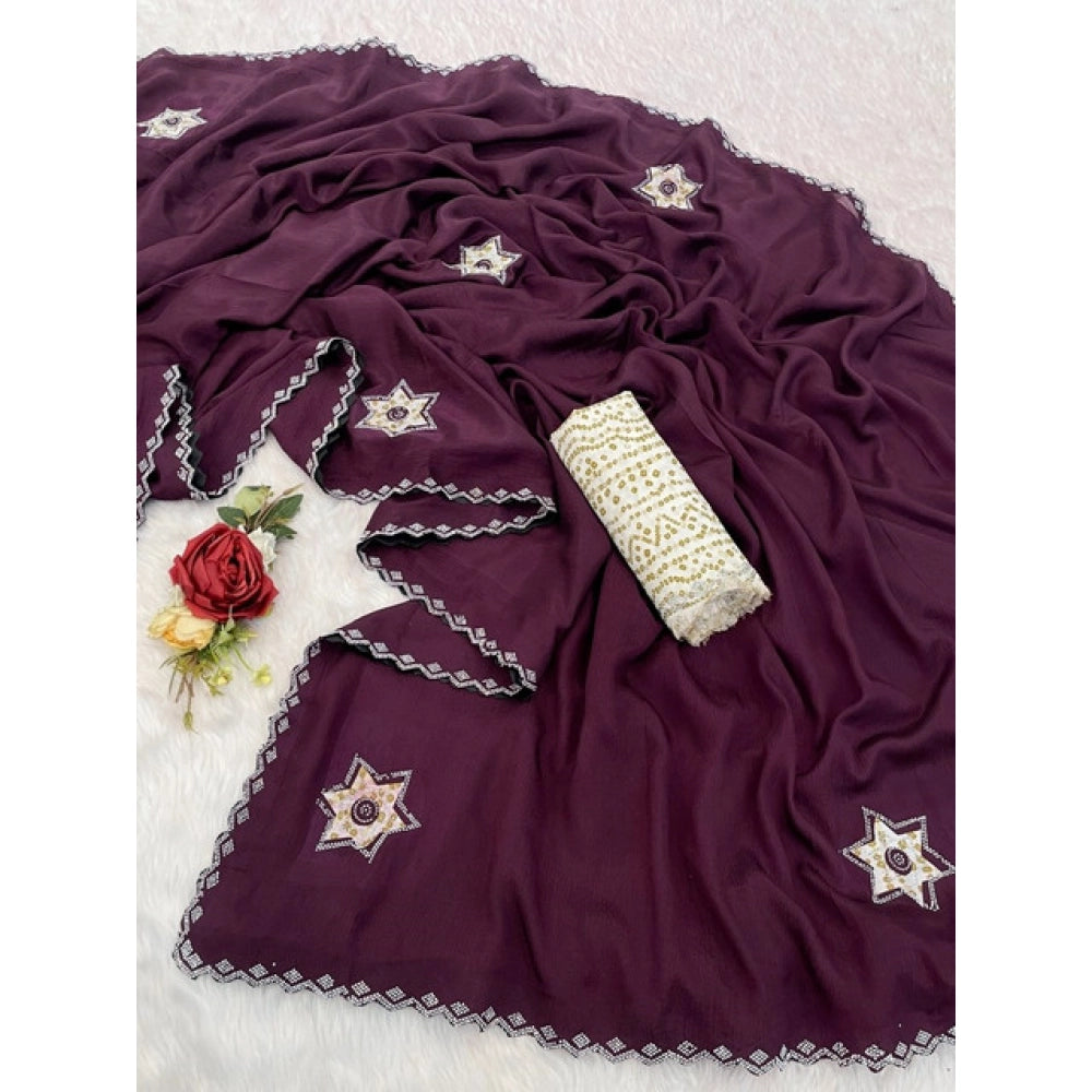 Women's Chiffon Butti Dotted Saree With Unstitched Blouse 5.5 Mtr (Wine)