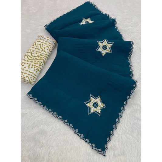 Women's Chiffon Butti Dotted Saree With Unstitched Blouse 5.5m (Blue)