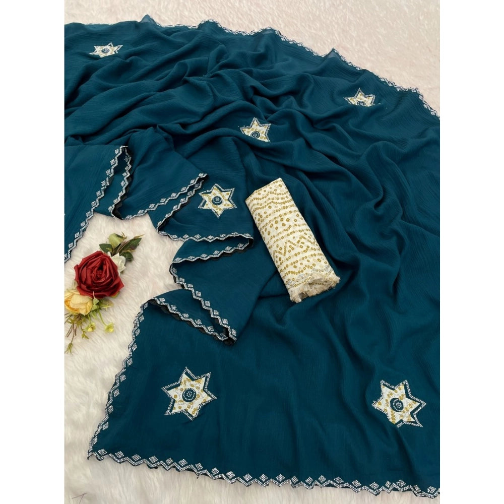 Women's Chiffon Butti Dotted Saree With Unstitched Blouse 5.5 Mtr (Blue)