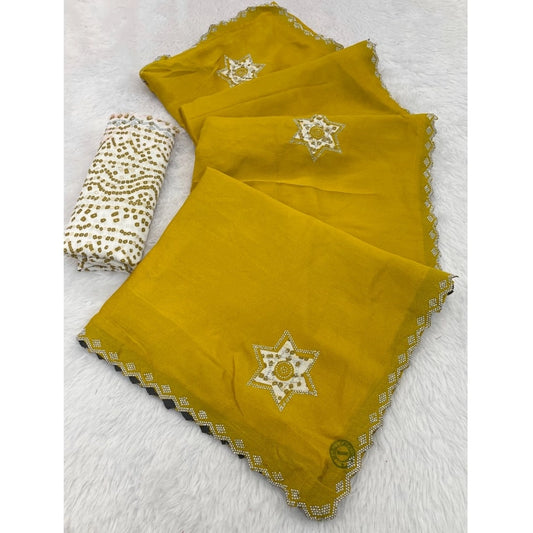 Women's Chiffon Butti Dotted Saree With Unstitched Blouse 5.5m (Yellow)
