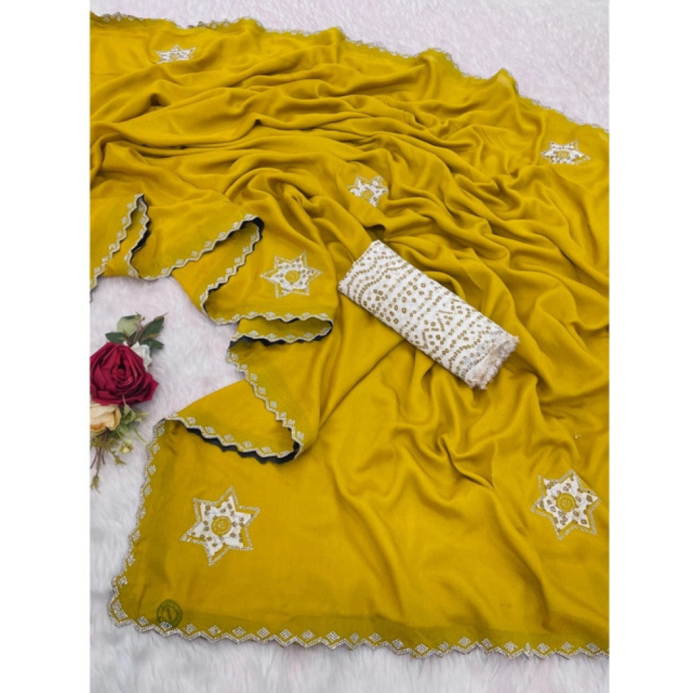 Women's Chiffon Butti Dotted Saree With Unstitched Blouse 5.5 Mtr (Yellow)