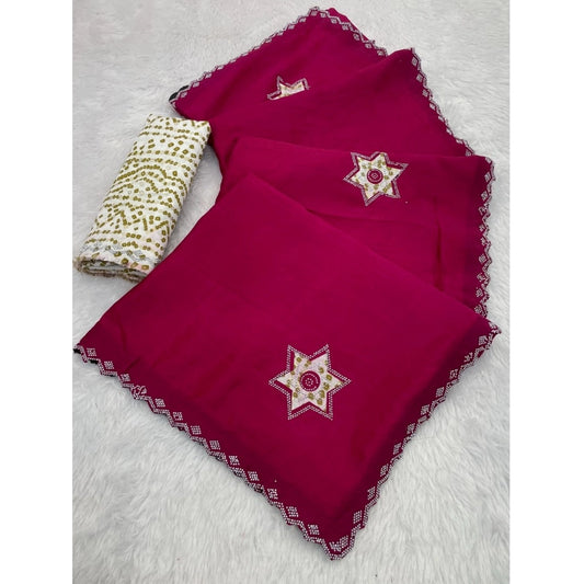Women's Chiffon Butti Dotted Saree With Unstitched Blouse 5.5m (Pink)