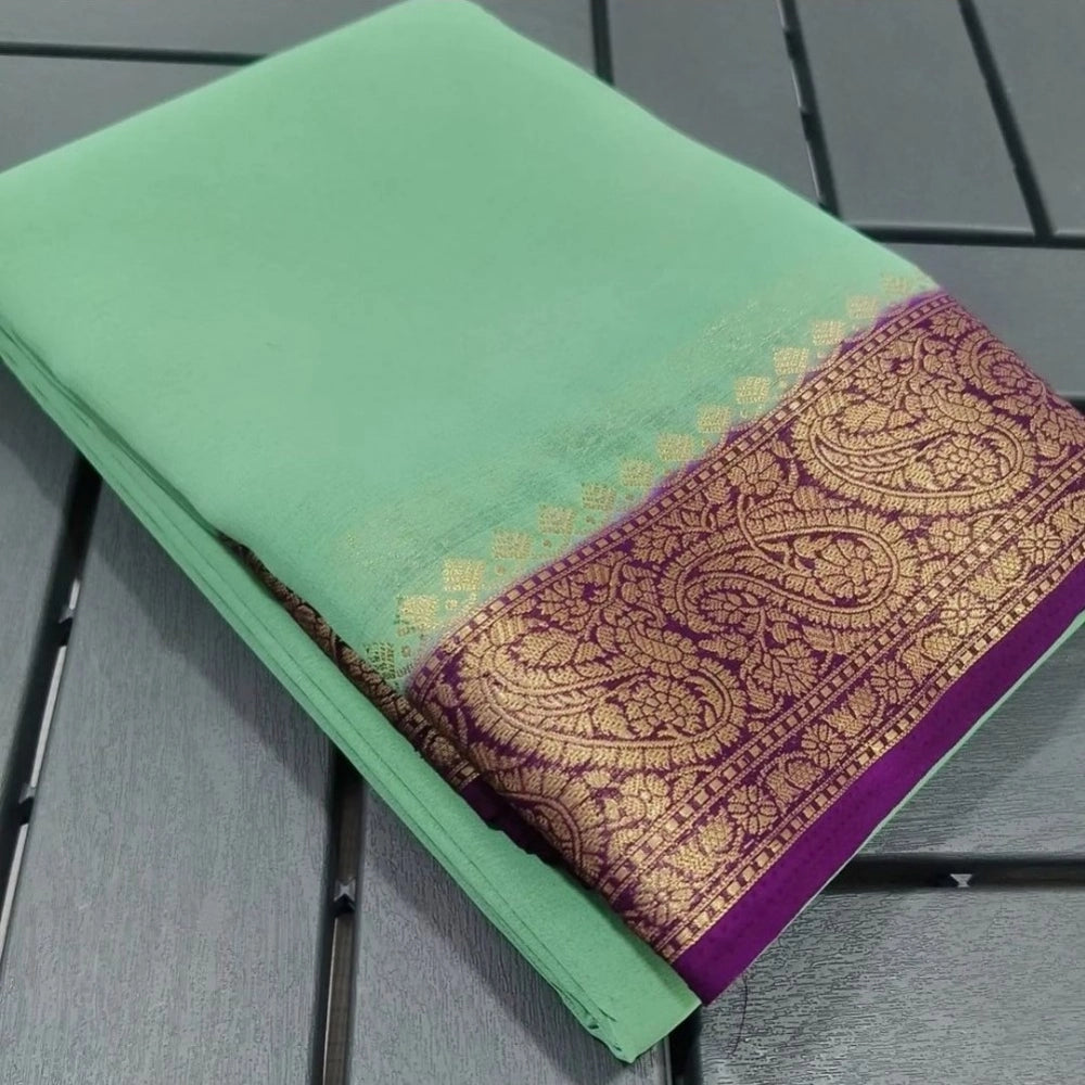 Women's Crepe Chit Pallu Solid Saree With Unstitched Blouse 5.5 Mtr (Light Green)