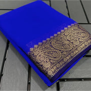 Women's Crepe Chit Pallu Solid Saree With Unstitched Blouse 5.5 Mtr (Navy Blue)