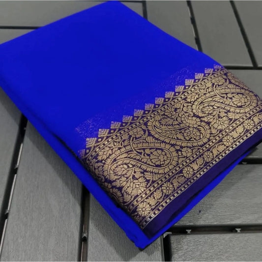 Women's Crepe Chit Pallu Solid Saree With Unstitched Blouse 5.5m (Navy Blue)