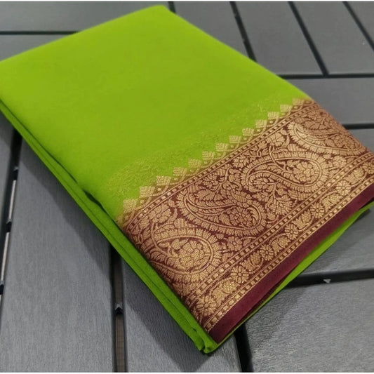 Women's Crepe Chit Pallu Solid Saree With Unstitched Blouse 5.5m (Green)