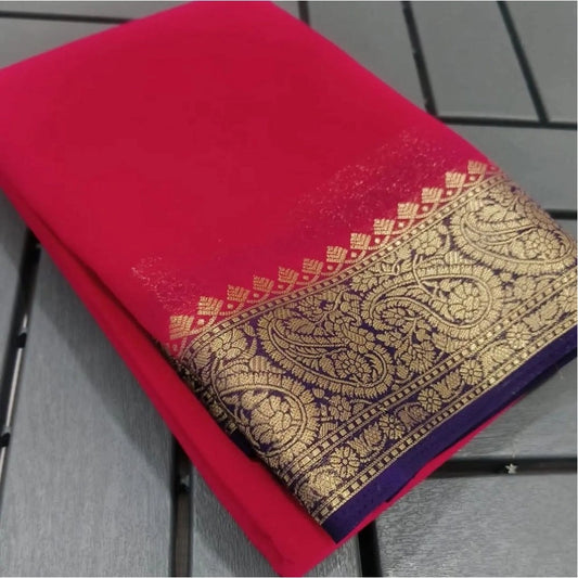Women's Crepe Chit Pallu Solid Saree With Unstitched Blouse 5.5m (Red)