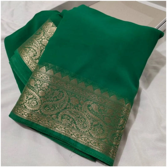 Women's Crepe Chit Pallu Solid Saree With Unstitched Blouse 5.5m (Green)