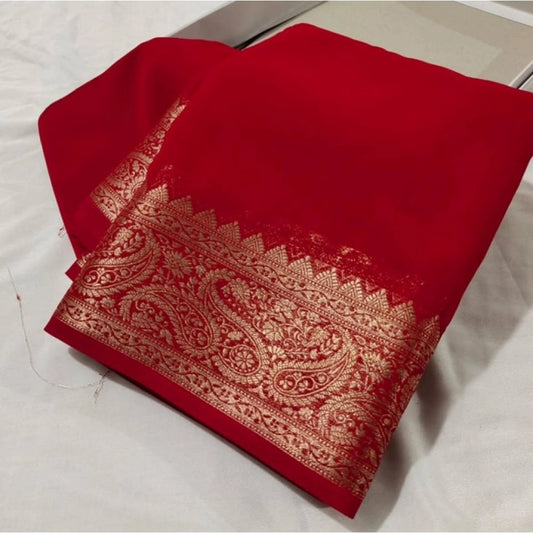 Women's Crepe Chit Pallu Solid Saree With Unstitched Blouse 5.5m (Red)