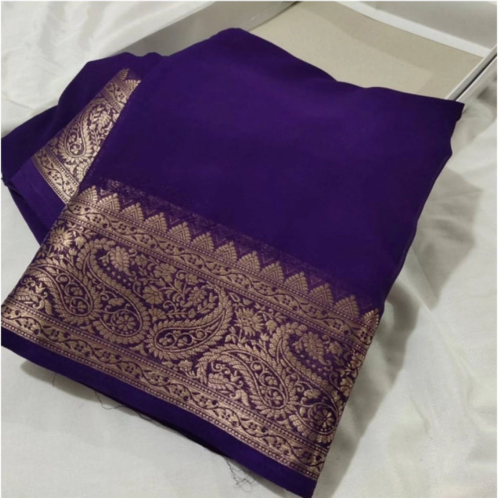 Women's Crepe Chit Pallu Solid Saree With Unstitched Blouse 5.5 Mtr (Purple)
