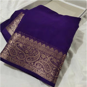 Women's Crepe Chit Pallu Solid Saree With Unstitched Blouse 5.5 Mtr (Purple)