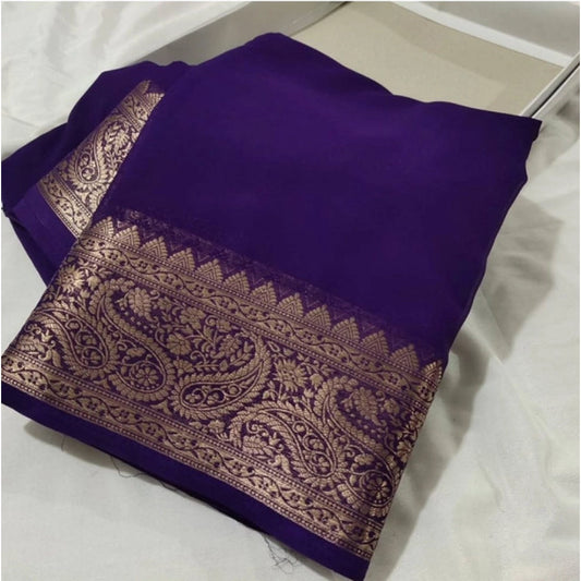 Women's Crepe Chit Pallu Solid Saree With Unstitched Blouse 5.5m (Purple)