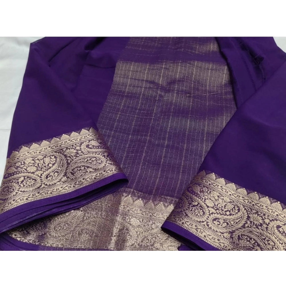 Women's Crepe Chit Pallu Solid Saree With Unstitched Blouse 5.5 Mtr (Purple)