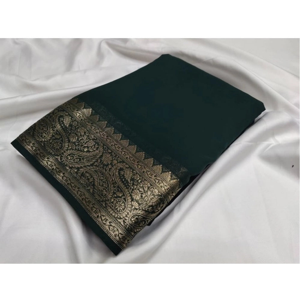 Women's Crepe Chit Pallu Solid Saree With Unstitched Blouse 5.5 Mtr (Bottle Green)