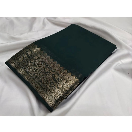 Women's Crepe Chit Pallu Solid Saree With Unstitched Blouse 5.5m (Bottle Green)