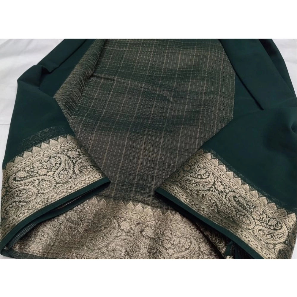 Women's Crepe Chit Pallu Solid Saree With Unstitched Blouse 5.5 Mtr (Bottle Green)
