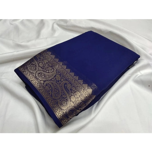 Women's Crepe Chit Pallu Solid Saree With Unstitched Blouse 5.5m (Blue)