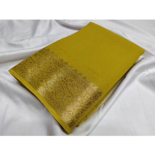 Women's Crepe Chit Pallu Solid Saree With Unstitched Blouse 5.5m (Mustard Yellow)