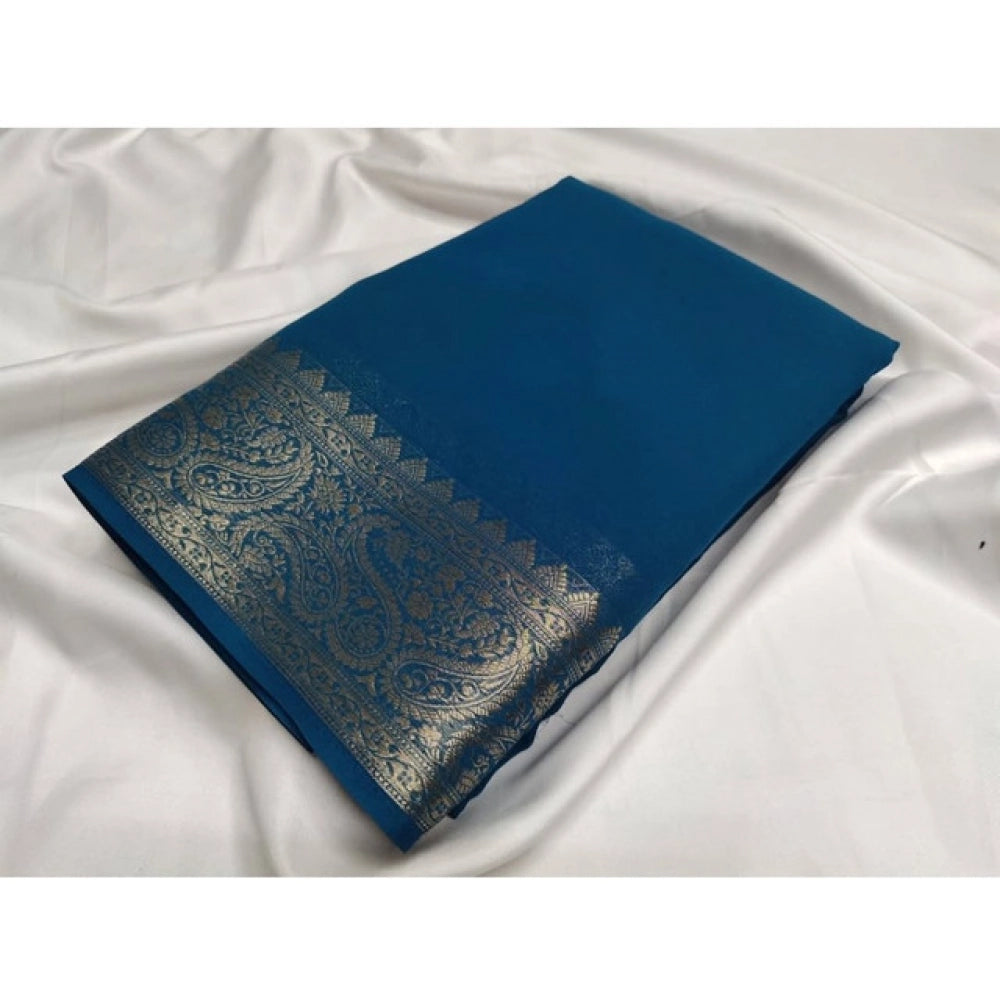 Women's Crepe Chit Pallu Solid Saree With Unstitched Blouse 5.5 Mtr (Sea-Green)