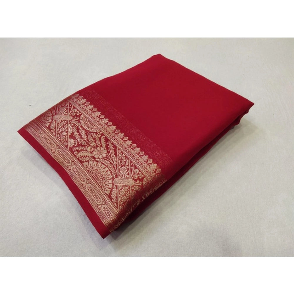 Women's Crepe Chit Pallu Solid Saree With Unstitched Blouse 5.5 Mtr (Red)