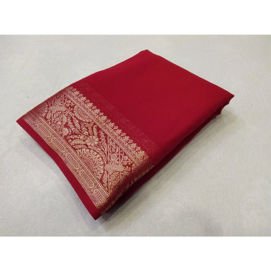 Women's Crepe Chit Pallu Solid Saree With Unstitched Blouse 5.5m (Red)