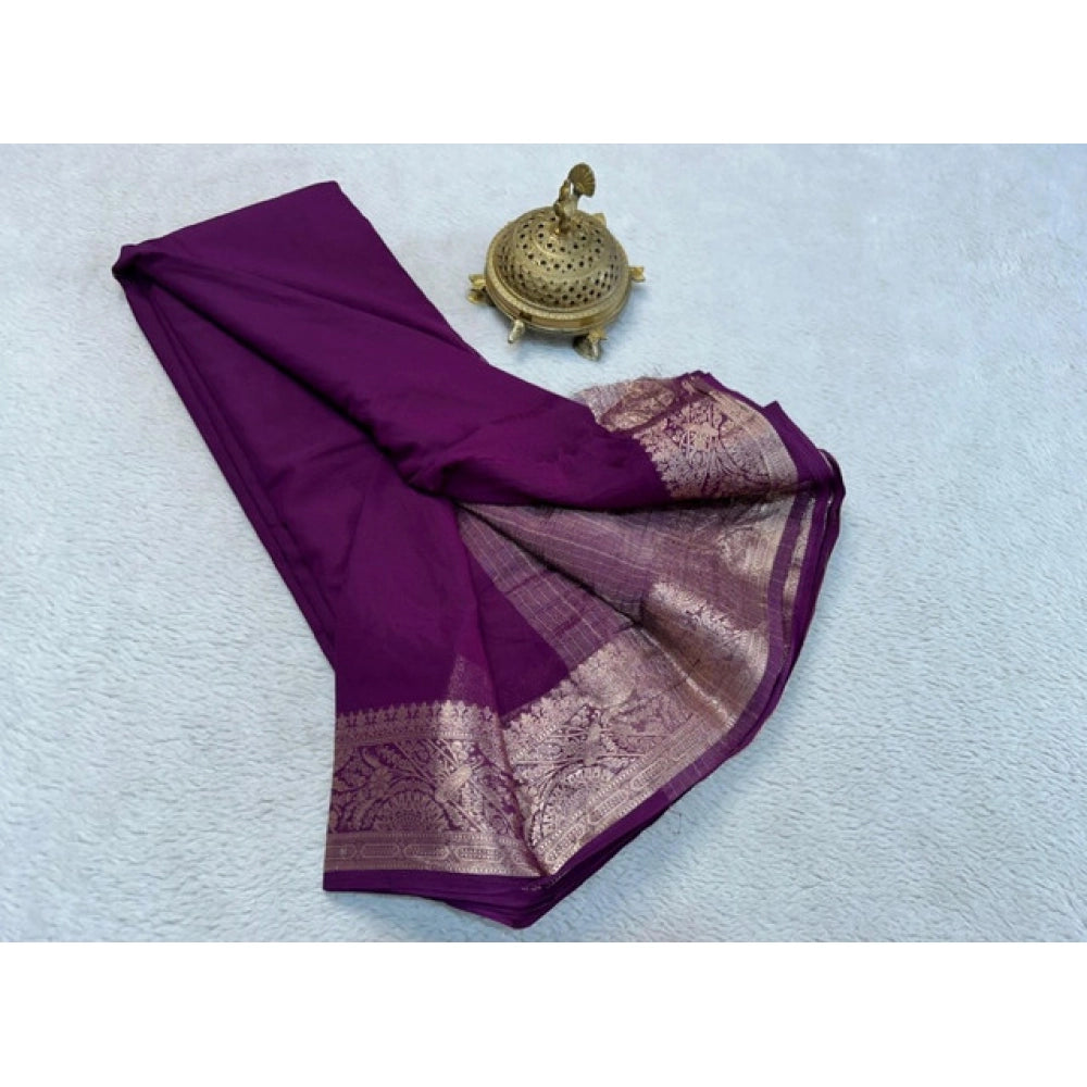 Women's Crepe Chit Pallu Solid Saree With Unstitched Blouse 5.5 Mtr (Purple)