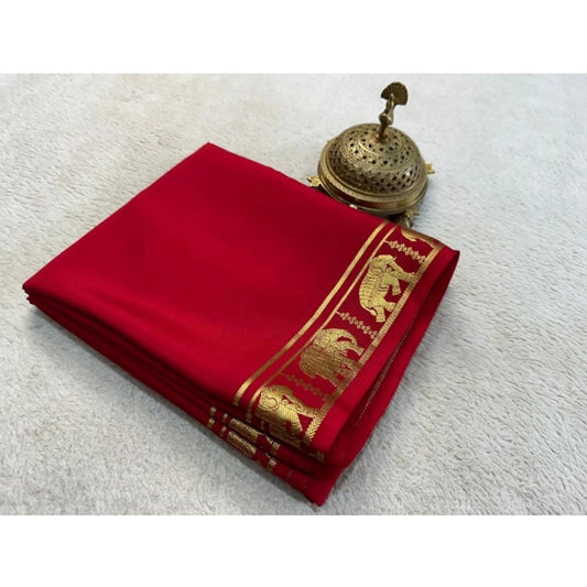 Women's Crepe Chit Pallu Solid Saree With Unstitched Blouse 5.5m (Red)