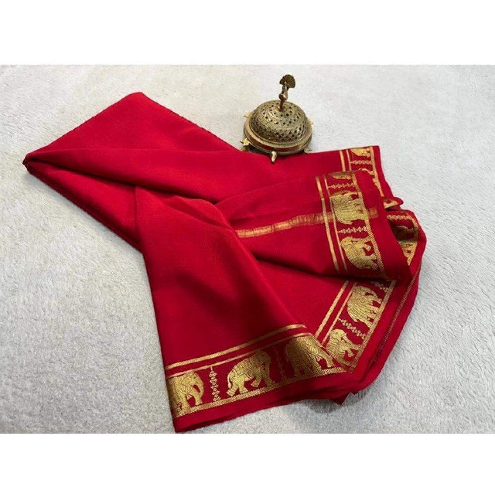 Women's Crepe Chit Pallu Solid Saree With Unstitched Blouse 5.5 Mtr (Red)