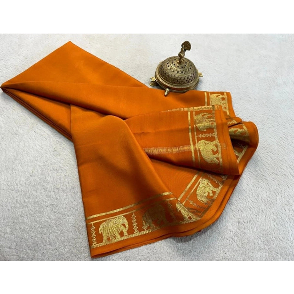 Women's Crepe Chit Pallu Solid Saree With Unstitched Blouse 5.5 Mtr (Orange)