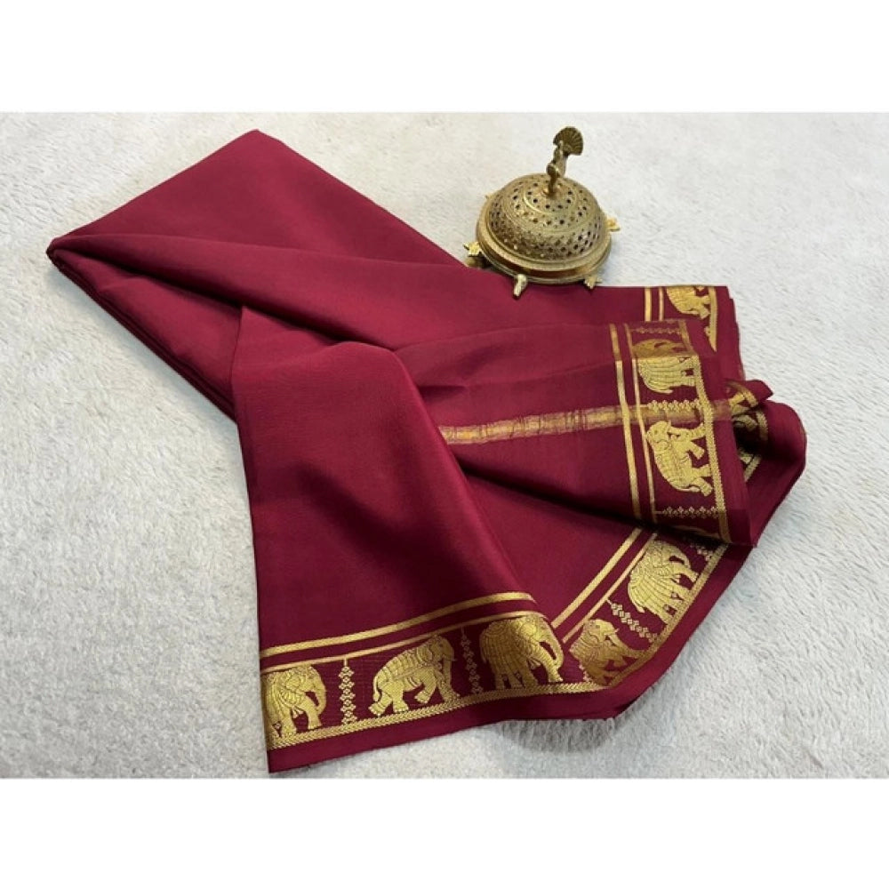 Women's Crepe Chit Pallu Solid Saree With Unstitched Blouse 5.5 Mtr (Maroon)