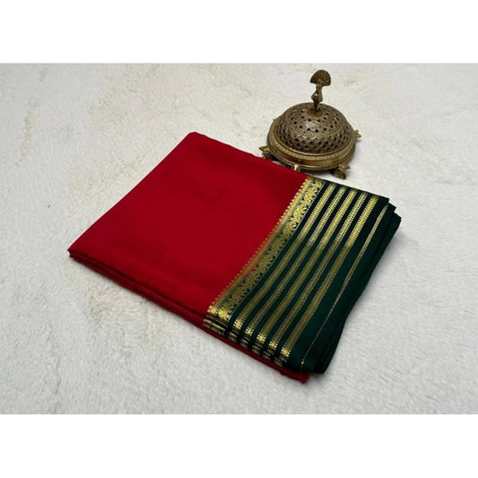 Women's Crepe Chit Pallu Solid Saree With Unstitched Blouse 5.5m (Red)
