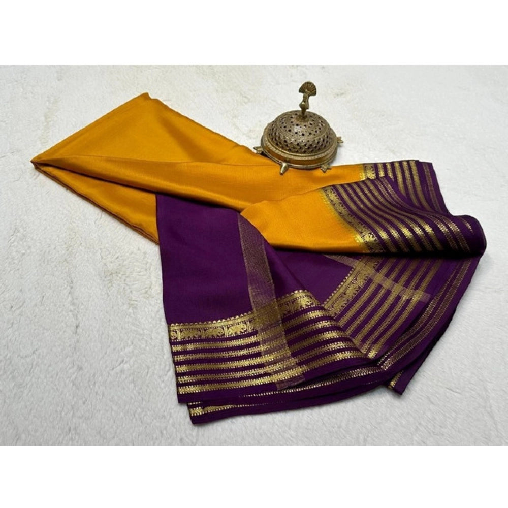 Women's Crepe Chit Pallu Solid Saree With Unstitched Blouse 5.5 Mtr (Gold)