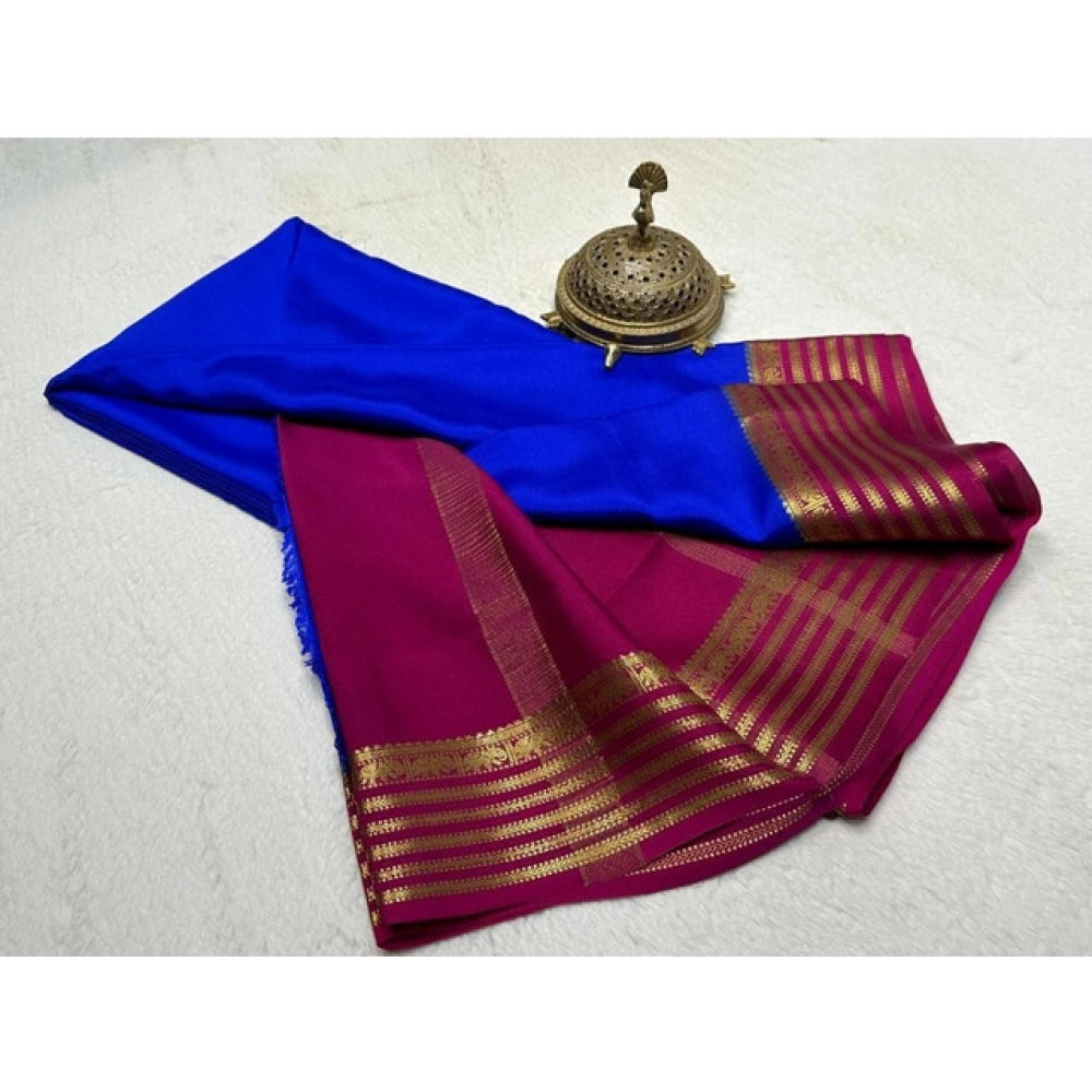 Women's Crepe Chit Pallu Solid Saree With Unstitched Blouse 5.5 Mtr (Navy Blue)