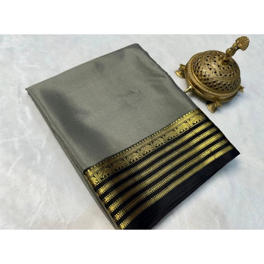 Women's Crepe Chit Pallu Solid Saree With Unstitched Blouse 5.5m (Gray)