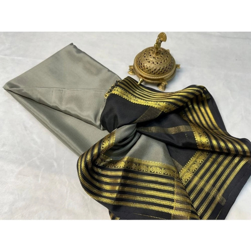 Women's Crepe Chit Pallu Solid Saree With Unstitched Blouse 5.5 Mtr (Gray)
