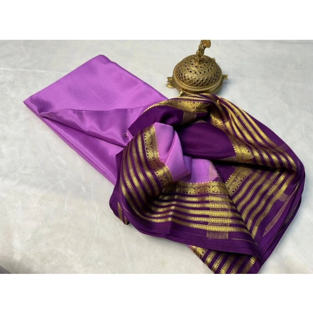 Women's Crepe Chit Pallu Solid Saree With Unstitched Blouse 5.5 Mtr (Dark Purple)
