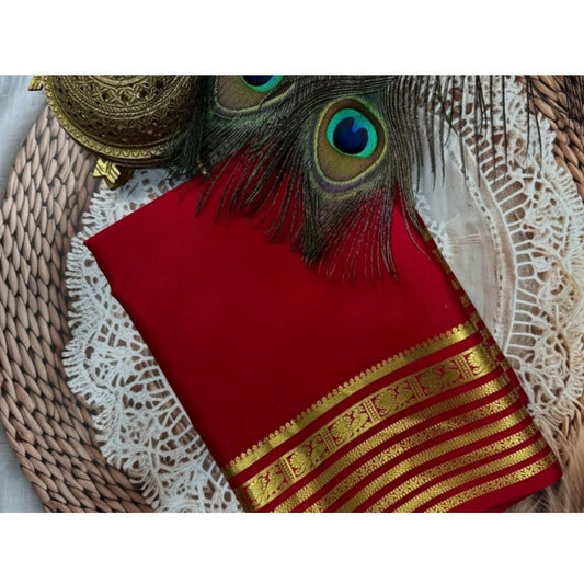 Women's Crepe Chit Pallu Solid Saree With Unstitched Blouse 5.5m (Red)