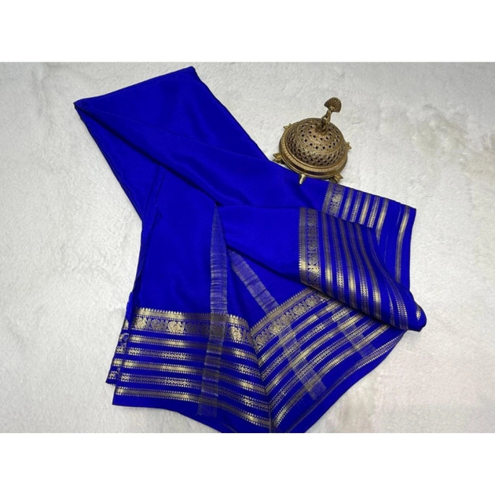 Women's Crepe Chit Pallu Solid Saree With Unstitched Blouse 5.5 Mtr (Blue)