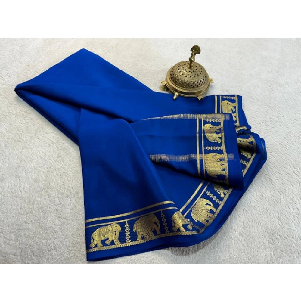 Women's Crepe Chit Pallu Solid Saree With Unstitched Blouse 5.5 Mtr (Navy Blue)