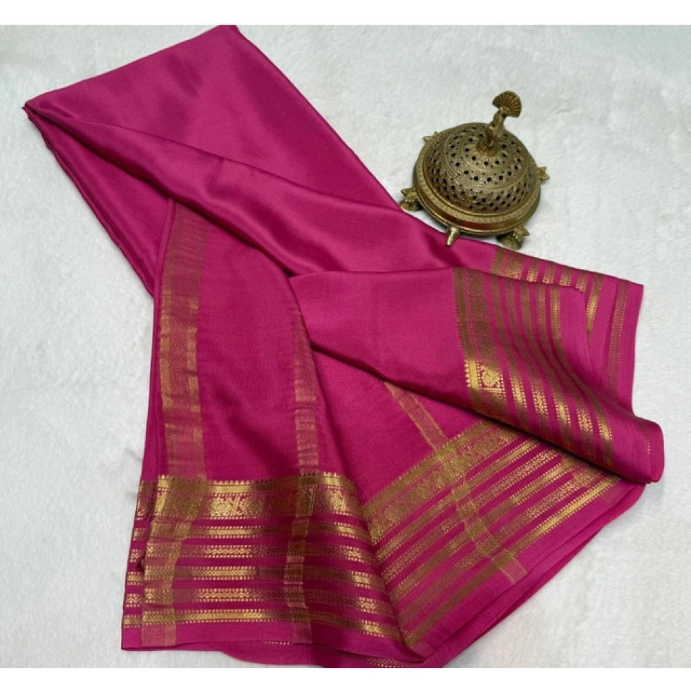 Women's Crepe Chit Pallu Solid Saree With Unstitched Blouse 5.5 Mtr (Pink)