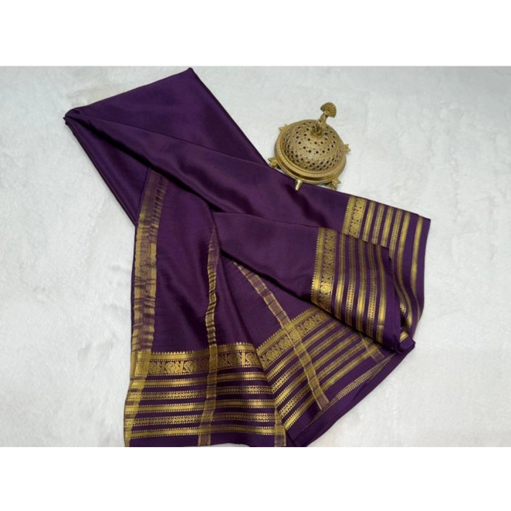 Women's Crepe Chit Pallu Solid Saree With Unstitched Blouse 5.5 Mtr (Dark Purple)