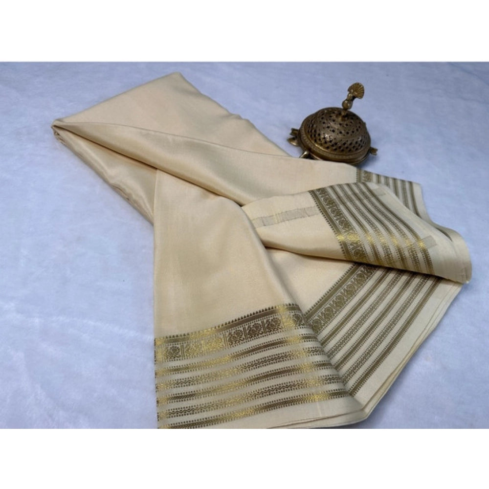 Women's Crepe Chit Pallu Solid Saree With Unstitched Blouse 5.5 Mtr (Beige)